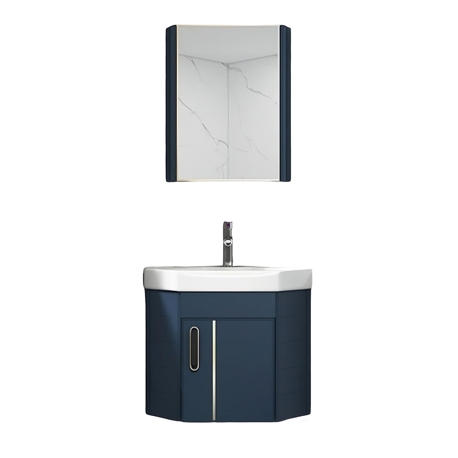 Moderno lavabo esquinero de pared con grifo y espejo, fregadero de mano azul que ahorra espacio para baños pequeños, diseño compacto y elegante para espacios limitados