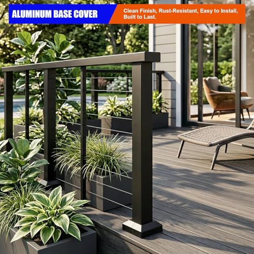 Image of Aluminum Split Post Base Cover fit 3 inch Post, Decorative Square Railing Base Trim, Post Base Plate Cover, Fence Post Flange Skirt for Patio, Porch, Stair, and Railing Systems, Textured Black (24)