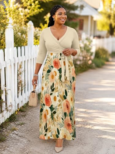Image of PinkPatty Plus Size Maxi Dress for Women Casual V Neck 3 /4 Sleeve Boho Printed Long Dress with Pockets