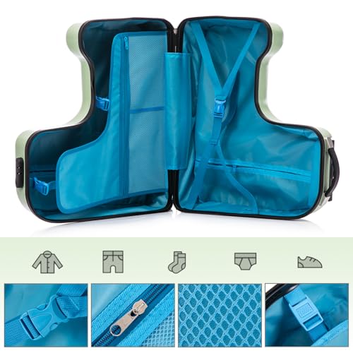 Apelila 22 inch Ride on Suitcase for Kids Travel Trolley Luggage with Spinner Wheels for Child with Combination Lock/Safety Belt/Telescoping Handle (Green)