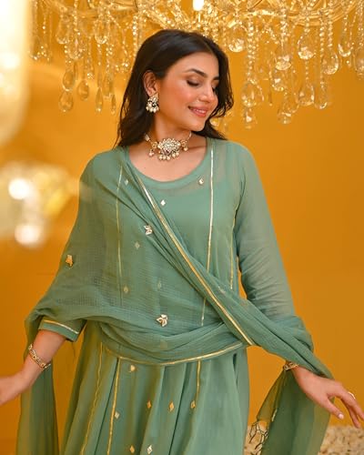 Image of GoSriKi Women's Rayon Viscose Embellished Anarkali Kurta with Pant & Dupatta