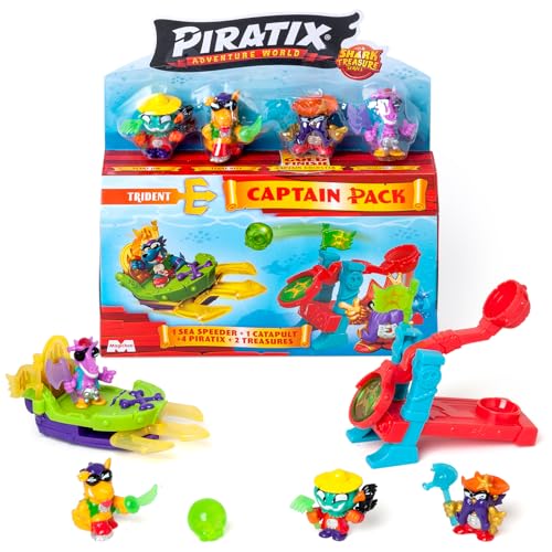 PIRATIX ADVENTURE WORLD Serie Shark Treasure, Captain Pack, Trident con 4 Piratix, 1 capitán Dorado, 4 Accesorios 'Cristales', Sea Speeder, catapulta, 2 Banderas Efecto Cristal, Pack 2/6