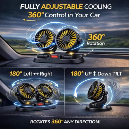 Image of SARTE Car Fan Dashboard Cooling Dual Head 360 Rotatable 24V Mini Air Circulation Brushless Motor Ultra Silent Adjustable Electric Cooler 3 Speed Control for SUV Truck Bus Car Desk Home