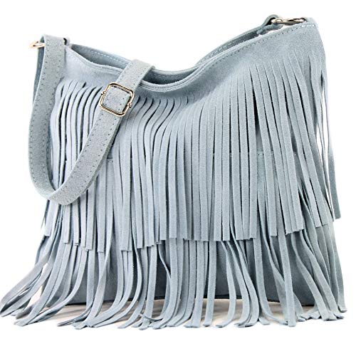 modamoda de - ital bandolera con flecos de gamuza T125, Color:azul hielo