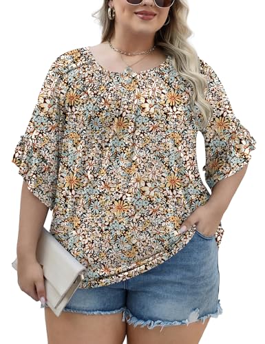 Image of Micoson Womens Plus Size Tops 3 /4 Ruffle Sleeve Crewneck Pleated Shirts