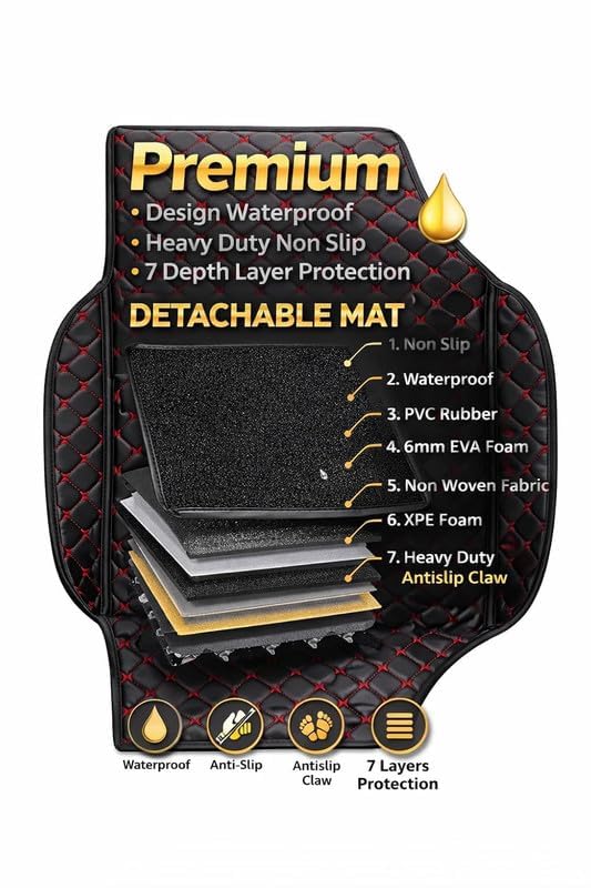 Image of Sinex Universal Fit 7D Car Floor Mat Set for Hyundai Exter 2023 | Premium Leatherette Car Foot Mats | Anti-Skid, Waterproof, Dustproof & Easy to Clean | Full Set of 4 Pieces | Black,Red
