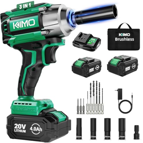 Image of KIMO Impact Wrench 1 /2 Cordless, 550N.m (410ft-lbs), 4000RPM /3500IPM, 9-Piece Drill & Driver Set, 4 Sockets1 /2 Impact Gun for Car Tires, Safety Lock, Variable Modes, 2x4.0Ah Battery 20V Impact Driver
