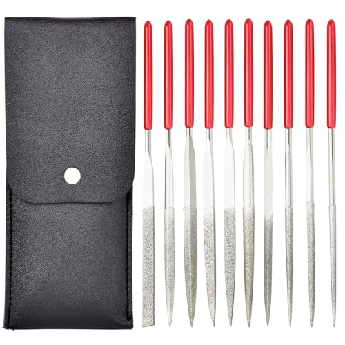 XAQISHIRE 10pcs Mini Diamond Needle Files Packed in Synthetic Leather Case for high Precision Sanding Work on Wood Plastic Metal and Jewelry Carving