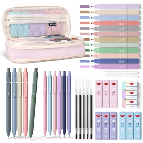 43PCS-Aesthetic-School-Supplies-with-Pen-Case-5-Quick-Dry-Retractable-Black-Ink-Pens-12-Pastel-Highlighters-6-Pastel-Mechanical-Pencil-Set-05-07-09-mm-for-Students-Stationary