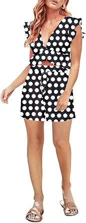 FANCYINN Womens Two Pieces Vacation Outfits Deep V Neck Ruffles Crop Top Drawstring Shorts Set