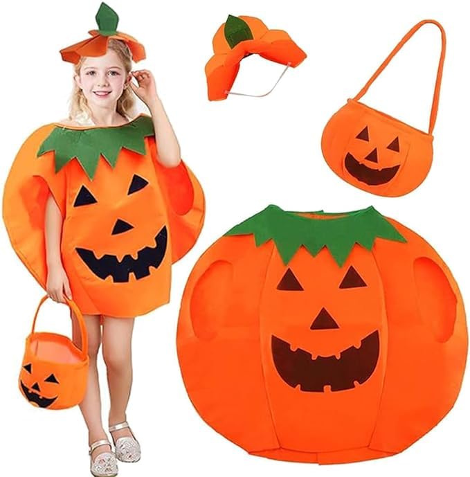 DERAYEE Kürbis Kostüm Kinder Halloween Kürbiskostüm mit Pumpkin Candy Bag für Halloween Karneval Cosplay