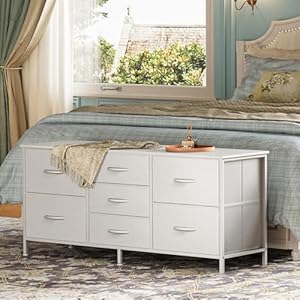 Huuger Dresser with 7 Drawers, 47 Inch Dresser TV Stand for 43, 50, 55 Inch TV, Fabric Dresser Chest of Drawers, PU Leather, Metal Frame, Storage Dresser for Bedroom, Nursery, Clothing, White Dresser Huuger Dresser with 7 Drawers 47 Inch Dresser TV Stand for 43 50 55 Inch TV Fabric Dresser Chest of Drawers PU Leather Metal Frame Storage Dresser for Bedroom Nursery Clothing White Dresser