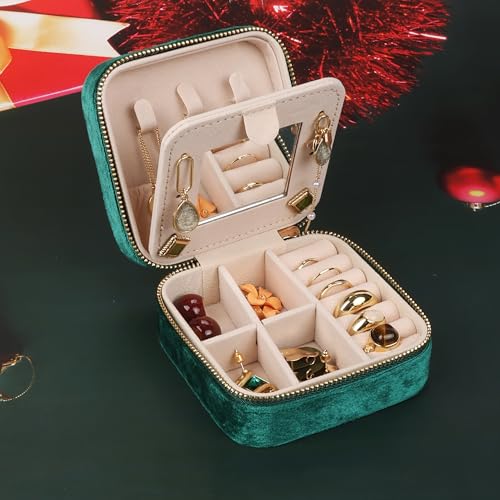 Image of Plush Velvet Travel Jewelry Box,Case,Organizer with Mirror,Green,1 Pcs