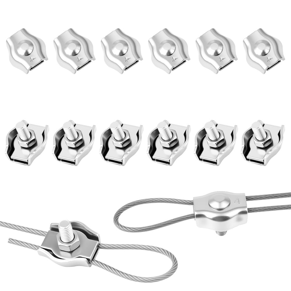 Flintronic Abrazadera de Cuerda de Alambre M2, 12 Piezas, Abrazadera de Cable de Acero Inoxidable 304, Clip Símplex para Cable de 2 mm