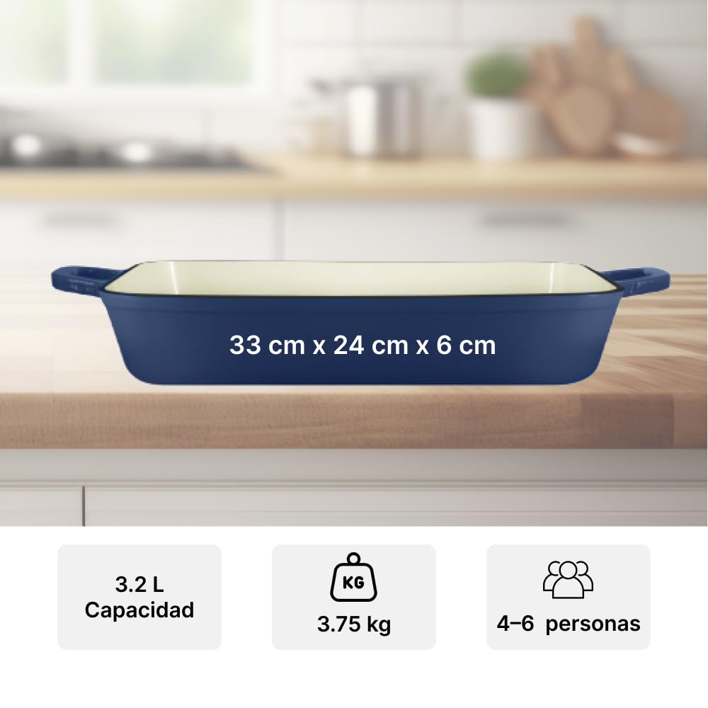 Cazuela Rectangular de hierro fundido esmaltado para Lasaña, Platos para Horno - Molde para Gratinar Fuente de Cocinar elegante y minimalista con revestimiento de esmalte - 3,2 L, Azul