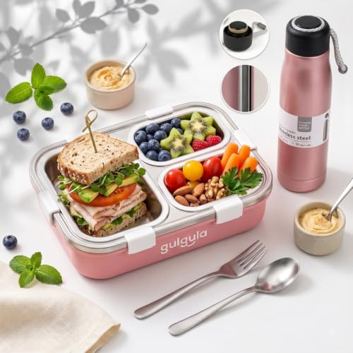Image of Stainless Steel 3 Compartment Lunch Box with Leakproof Lid, Reusable Water Bottle & Spoon Set, Bento Style Tiffin Box for School, Office, College, Picnic, Travel & Daily Meal Storage (Pink)