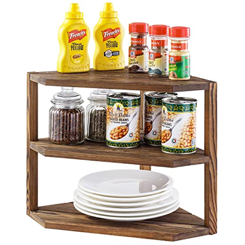 Mygift Rustic Brown Solid Wood 3 Tier Kitchen Counter Corner Shelf, Countertop Organizer Condiment And Spice Rack, Decorative Wooden Display Shelf #TOP18