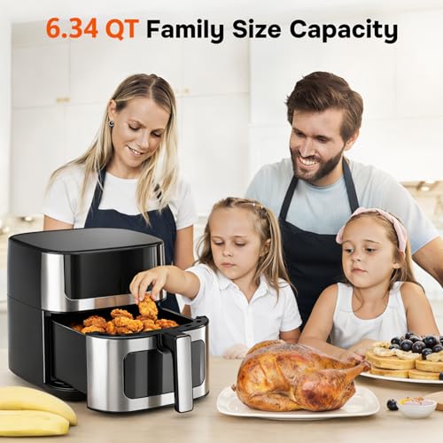 Image of Simple Deluxe 8-in-1 Air Fryer 6.34 Qt, Digital Preset Airfryer with Visible Window, Nonstick and Dishwasher-Safe Basket, Air Fry, Chicken, Pizza, Dehydrate, Fries, 90-Min Timer, 1700W, Black