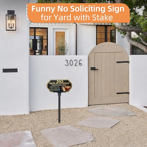 Image of Funny No Soliciting Sign for House with Adjustable 37 inch Stake, Dogs & Kids are Crazy Private Property Sign for Yard, 10x5 inch Rust-Free Aluminum, UV Protected for Lawn and Home