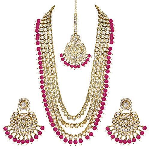 Aheli Indian Ethnic Wedding Faux Kundan Beaded Bridal Long Necklace Earrings with Maang Tikka Traditional Jewelry Set for Women (Dark Pink)