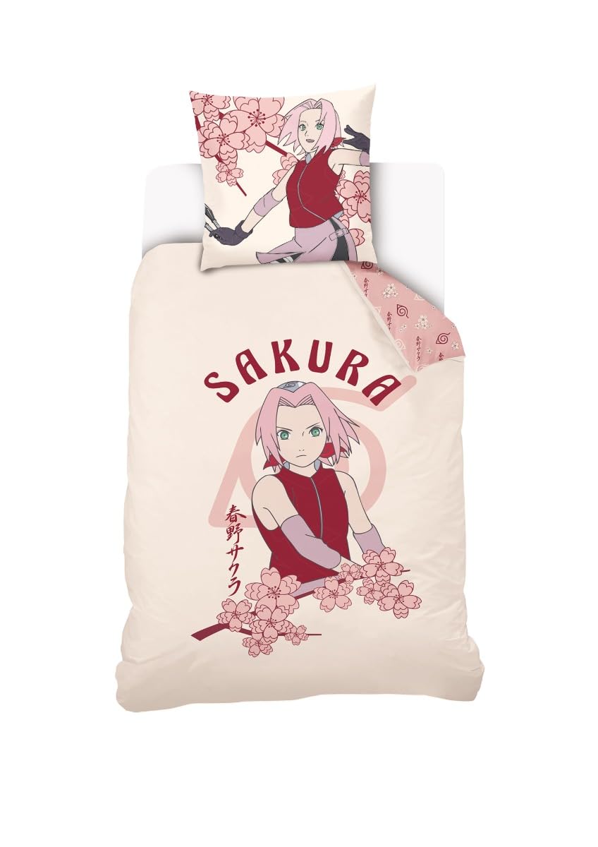Parure de lit Naruto Sakura Haruno 140x200cm en pur coton écru premium de qualité