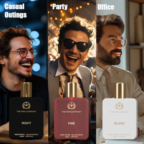 Image of The Man Company Fire, Night and Blanc Perfume for Man - 50ml, Set of 3 (2 EDP + 1 EDT) Fragrances | Premium Luxury Long-Lasting Fragrance | Gift for Him | Perfume gift for friend | Valentine Gift Set For Man