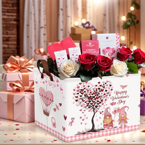 Image of Valentine's Day Basket Gift for Empty Cute Heart Large Storage Bin for Kid and Baby Room Decor (Pink Dwarf Love Tree Hot Air Balloon)