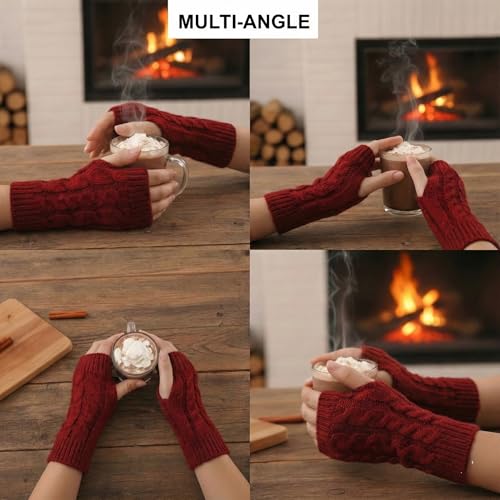 Image of Kraptick Women's Cable Knit Fingerless Gloves - Winter Soft Woolen Arm Warmers with Thumb Hole - Thermal Half Finger Mittens for Typing, Driving & Texting (Free Size, Khaki)