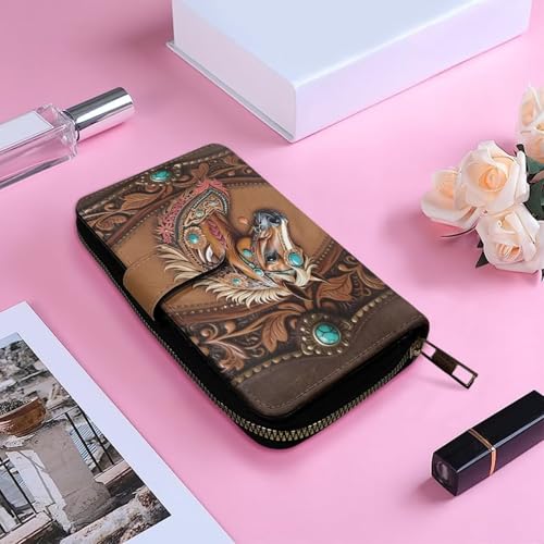 Image of COEQINE Ladies Wallets Pink Leopard Heart Black Printed Leather Phone Long Clutch Purses Check Coin Change Holder