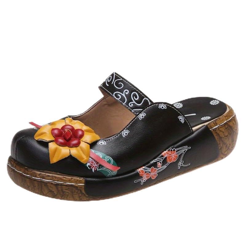 Women's Tribal Flower Platform Mules - Closed Toe Wedge Slides Sandals
