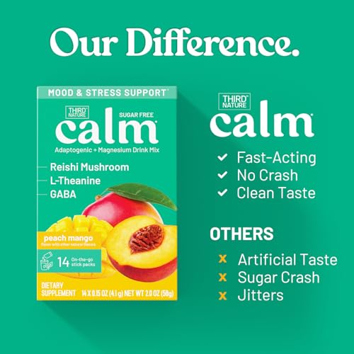 Image of Third Nature Calm Powdered Drink Mix for Stress Support, Relaxation, Healthy Cortisol & Focus - No Sugar, Non-GMO On-The-Go Calming Drink with Magnesium Glycinate, GABA, Peach Mango, 14 Stick Packs