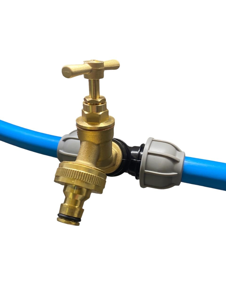 Mdpe Water Supply Pipe tee with Solid Brass bib tap Outlet,fits 20mm,25mm and 32mm Water Pipe,Barb of Quick Hose Connector Options (32mm tee+tap+Click)