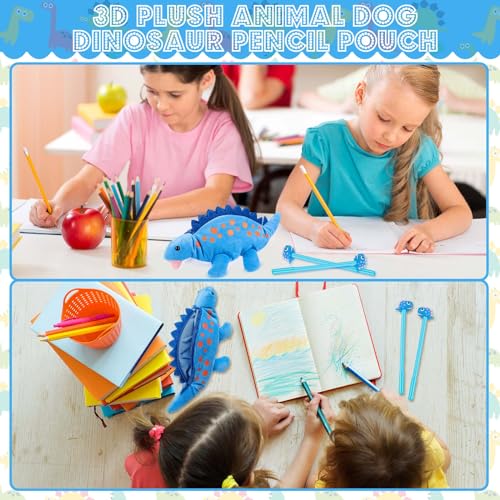 Image of 3 Pcs Blue Dinosaur Pencil Pouch for Kids 3D Plush Animal Pencil Case with 2 Fun Pencils & 1 Soft Stationery Bag Ideal Birthday Gift for Boys and Girls, Back to School Supplies