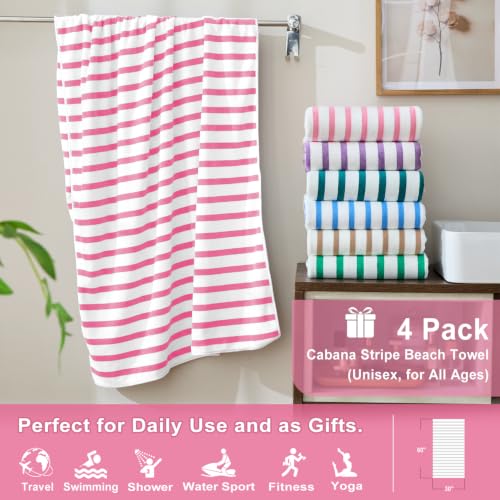 Image of JML Microfiber Beach Towels, 4 Pack, 30 inch x 60 inch, Stripe Pink White
