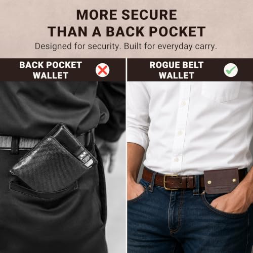 Image of ROGUE WALLET Brown Travel Belt Wallet for Men - Full Grain Leather Cash Holder with Secure Snap Closure, Hidden Card & ID Carrier - Slim Travel Accessory for Everyday Carry