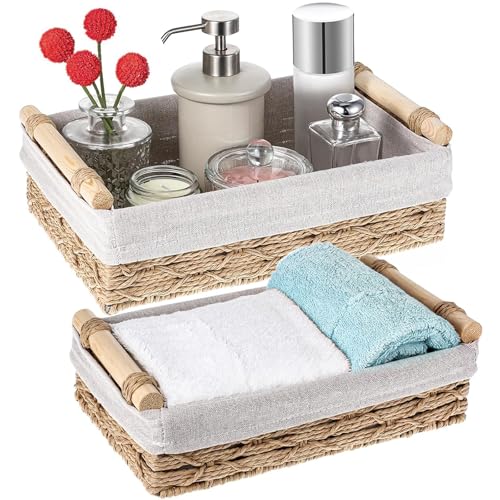 DAWNTREES 2 Pack Storage Basket, Wicker Baskets for Organizing with Handle, Decorative Bins for Countertop Small Baskets Set.