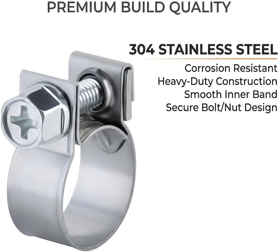 ABA 12 Pcs Hose Clamps Bolt/Nut Worm Gear Clamp Set for Automotive, Fuel, Radiator & Plumbing – Heavy Duty 304 Stainless (0.49"–0.57", 0.35" Band, 0.28" Screw)