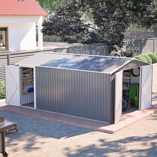 Image of YOPTO 10x14 FT Outdoor Storage Shed,Metal Shed W /Lockable Doors & Floor Frame,Garden Tool House W /Sloped Roof & 4 Air Vents,for Backyard Patio Lawn,Light Gray