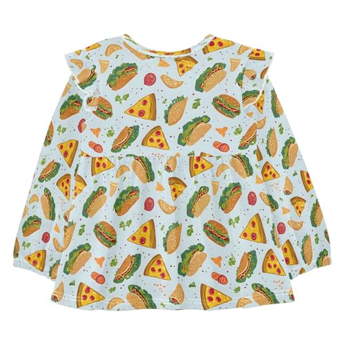 Hamburger Pizza Blue Girls Shirts Cotton Long Sleeve Ruffle Toddler Tee Tops2