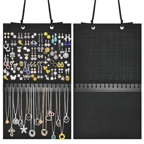 Image of HASTHIP Hanging Jewelry Organizer for Earrings & Necklaces, Felt Display Holder with 140 Earring Holes & 16 Necklace Hooks, 57x34.5 cm