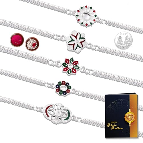 Image of Oblivion Mixed Style Meena Rakhi Combo for Brother with Chocolate, Silver Colour Pooja Coin, Tilak Set and Greeting Card for Raksha Bandhan