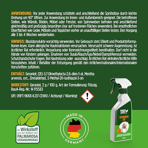 Green Hero Spinnen-Ex Spray zur Spinnenbekämpfung 500ml, Fernhaltemittel gegen Spinnen, Vertreibungsmittel, Innen und Außen, langfristige Spinnenabwehr,