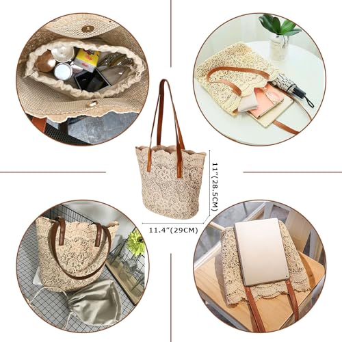 Bolso Tote con Bordado Floral de Seda y paja marrón miniatura 5