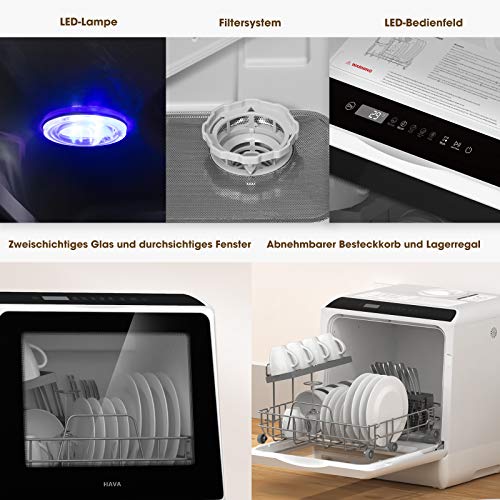 HAVA Draagbare mini-vaatwasser, compacte vaatwasser, 6 programma's, mini-tafelvaatwasser, 5 liter water nodig, droogfunctie en licht voor woningen, slaapzalen en campers - Image 7
