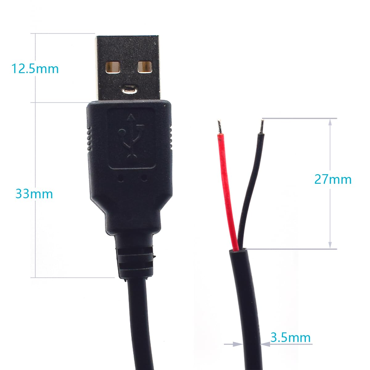 5 cavi USB a spirale a 2 fili, 22 AWG, 1 m, USB 2.0 maschio, 2 pin, filo nudo 5 V 3 A, 2 nuclei, cavo di prolunga con estremità aperta, con connettore a molla a 2 posizioni (USB maschio)
