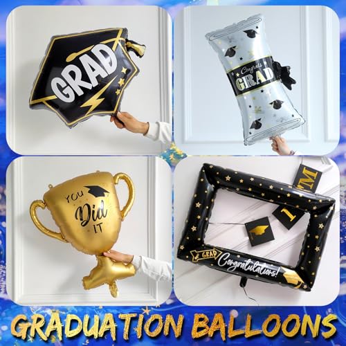 Image of 135Pcs Royal Blue Gold White Graduation Balloon Garland Arch Kit,with Explosion Star,Diploma,Trophy,Grad Hat,Photo Frame Foil Balloon for Class of 2026 Graduates Celebration Party Decoration