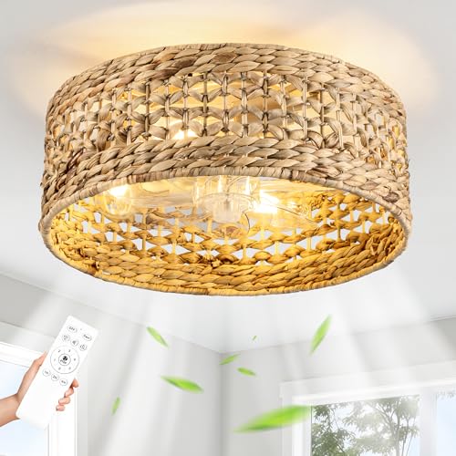DARYEWO Handwoven Boho Ceiling Fan with Light,Rattan Caged Ceiling Fans