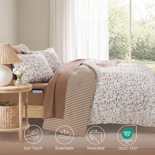 Image of Monbix King Comforter Set - 7 Pieces Floral Bed in a Bag King Bedding Sets | Reversible Botanical Comforter Set with Sheets, Pillowcases & Shams for All Seasons, Brown