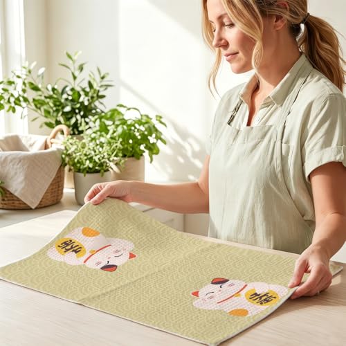 Image of 2 Pcs Japanese Lucky Cat Kitchen Towels 24x14 Inch, Maneki Neko Gifts Reusable Dish Towels for Kitchen Bathroom Decor, Waffle Weave Hand Cloth Tea Towel, Cute Cat Gifts for Women Mom Friend