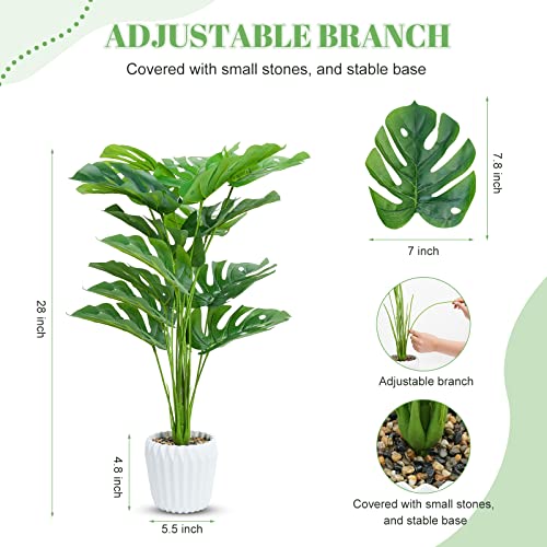 Set of 2 Large Fake Plants 28" Tall Artificial Monstera Deliciosa in Pot for Home Office Decor - Image 3